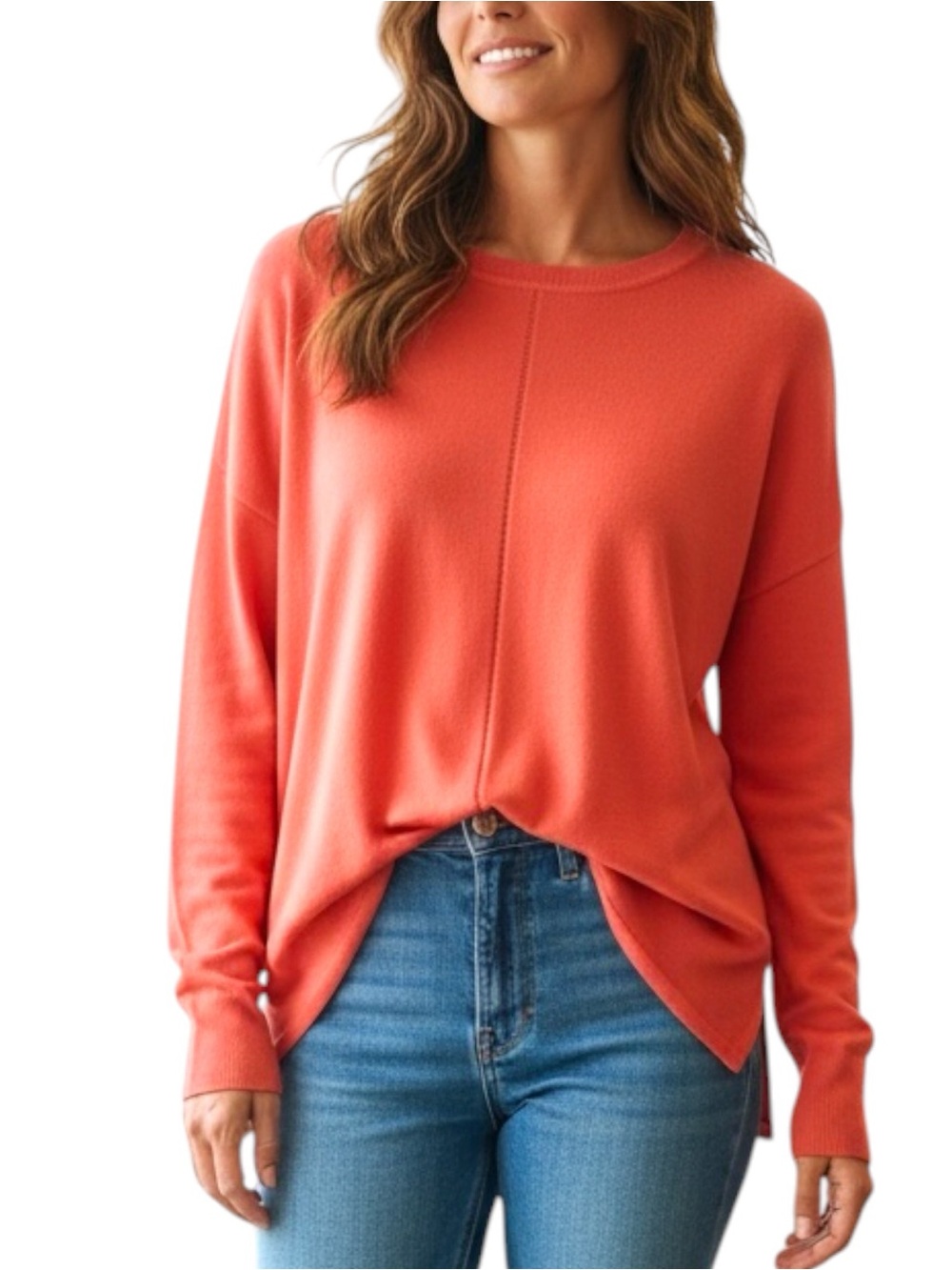 NEW NWT Max Studio Sz MEDIUM Coral Crewneck Sweater Embroidered Seam Detail